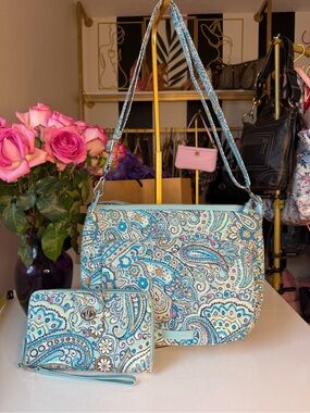 Vera Bradley Daisy Dot Paisley Crossbody bag + RFID Wallet Wristlet Set Retired